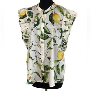 Express Floral Lemon Print Ruffle Short Sleeve Top Sz XL Satiny/Silk Feel
